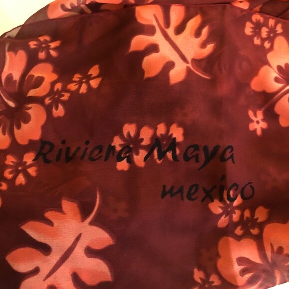 Rima Floral Print Sheer Maroon Orange Scarf Wrap Riviera Maya Mexico Beachwear - Picture 8 of 8